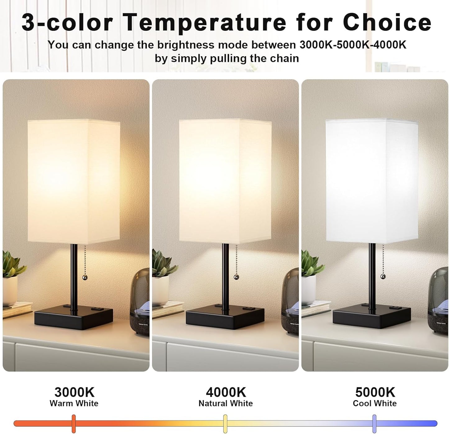 Plus Bedside Table Lamps Set of 2 - White Bedroom Lamps with 3 Colors, Square Nightstand Lamp with USB C + A Charging Ports and 2 AC Outlets, Pull Chain Night Light for End Table