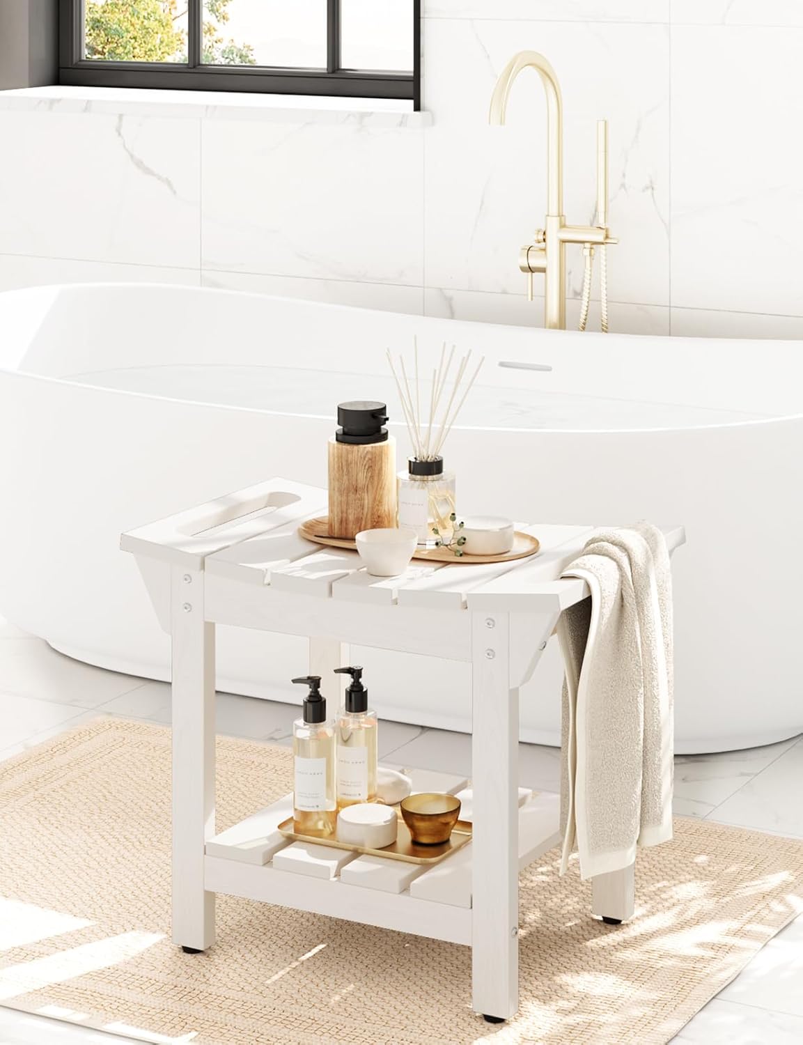Waterproof Shower Bench, Poly Lumber Shower Stool for Shaving Legs, Shower Chair Seat with Storage Shelf and Handles, Bathroom Bench for Inside Shower, Non-Slip