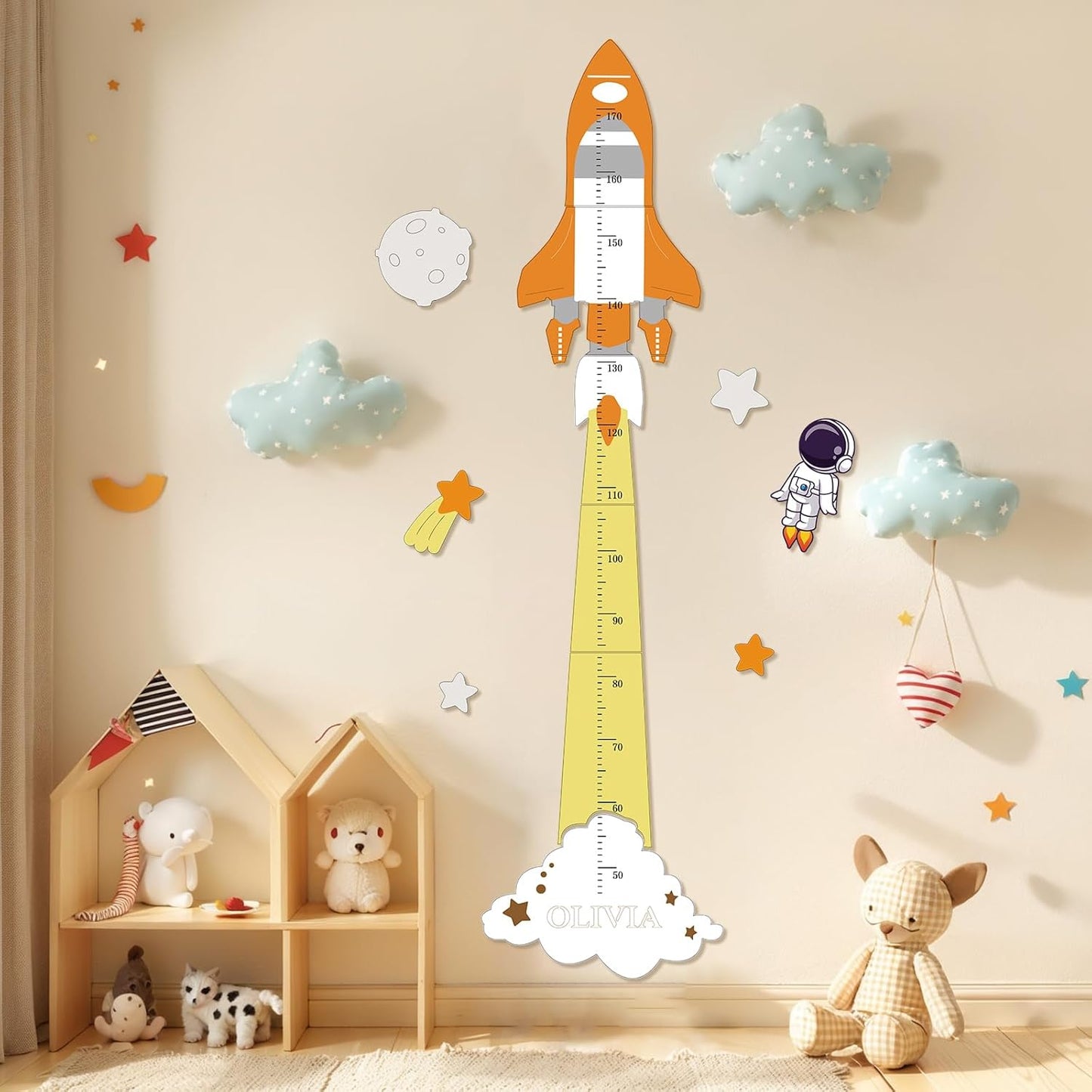 Personalized Name Kids Growth Chart for Wall – Wooden Rocket Height Chart Ruler, Wall Height Measurement for Boys & Girls 61.8" x 9.6"
