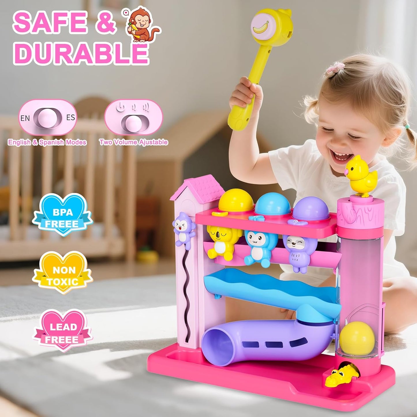 Musical Toy for 1-2 Year Old Girls,Educational Baby Toys 12-18 Months,Ball Drop Toy with English & Spanish,Fine Motor Toys for Toddlers 1-3,Birthday Gift for 1+ Year Old Girl (Pink)