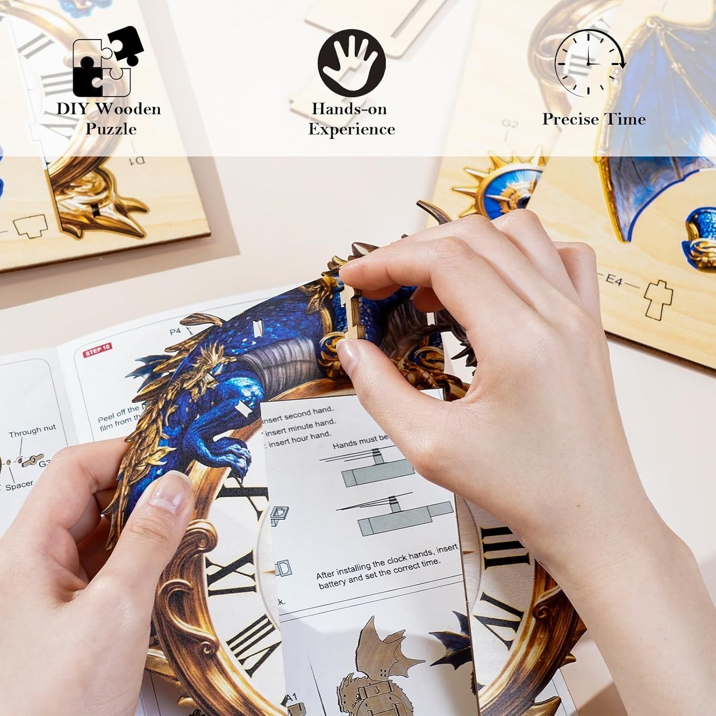 Cutywood 3D Puzzles for Adults Clock-Blue Dragon Design Model Kit-Mechanical DIY Pendulum Clock with Roman Numerals-Desk Home Office Decor Personalized Gift for DIY Lovers