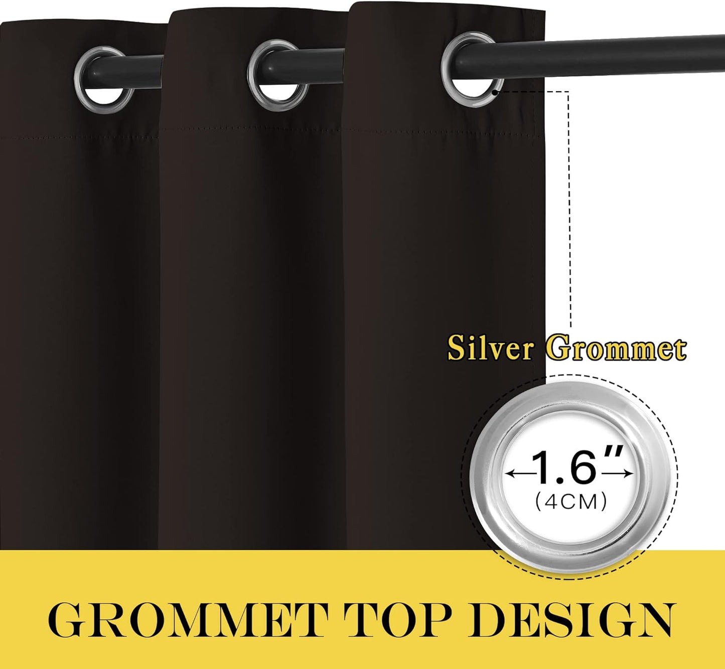 NICETOWN Toffee Brown Curtain Panels - Home Decoration Thermal Insulated Solid Grommet Blackout Curtains/Drapes for Hall/Sliding Door (80" Wide by 108" Long, Black, Set of 2)