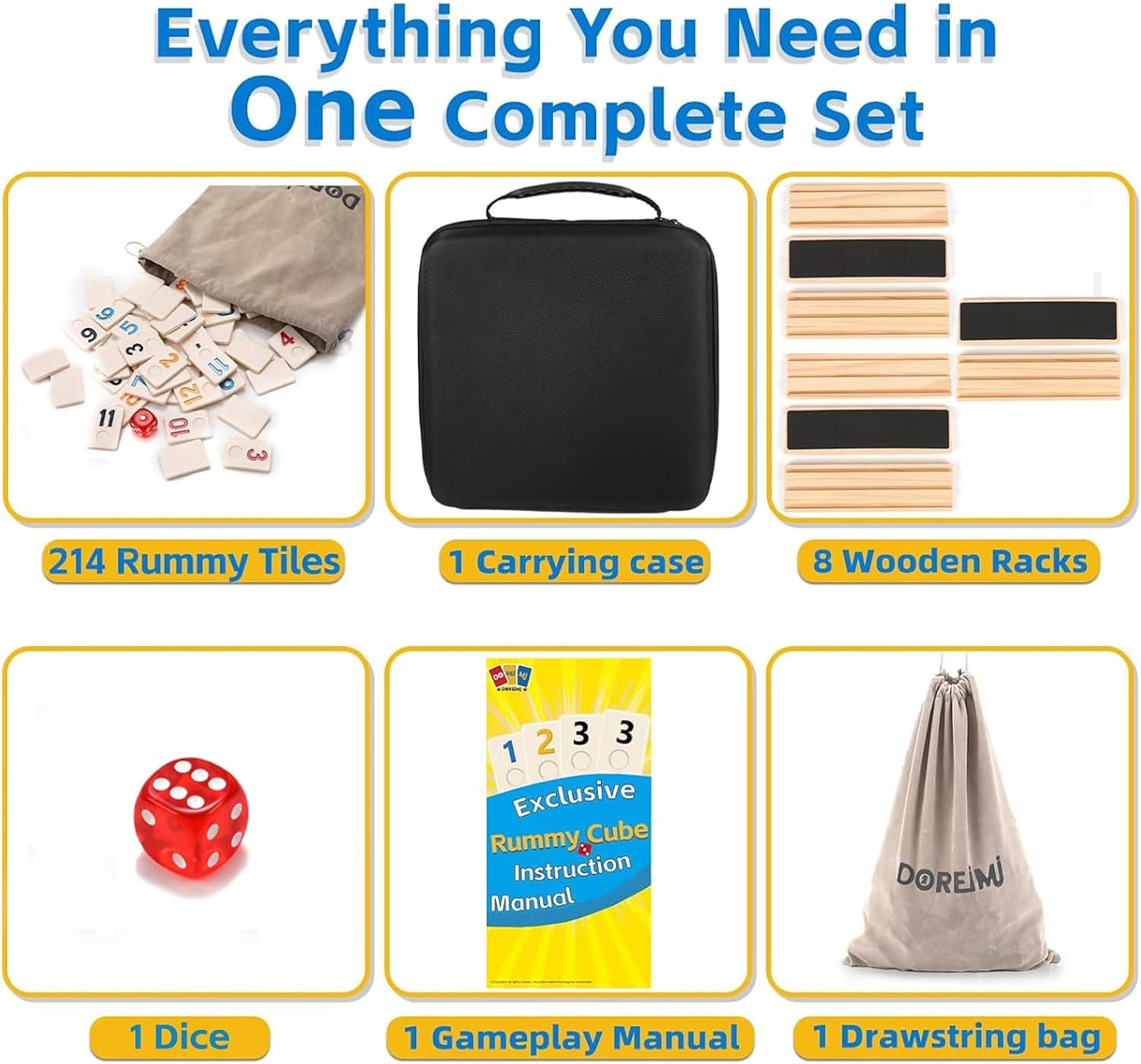 Upgraded Rummy Cube Game Set 6-8 Players with 8 Wooden Holders and 214 Rummy Tiles, Travel Family Board Game for Adults and Kids