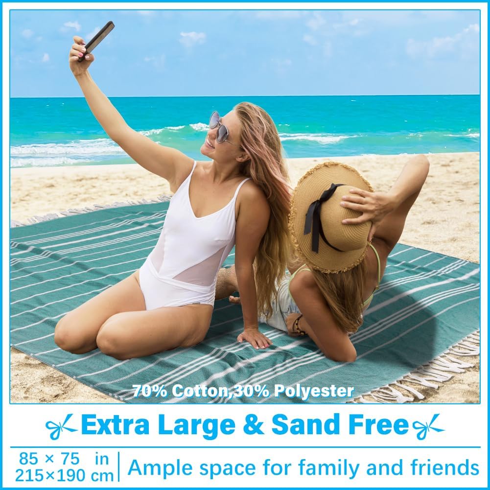 Oversized Turkish Beach Towel Blanket XXL Cotton Sandproof Towels Boho Woven Extra Large Big Sand Free Giant Throw Thick Blankets Huge Quilt XL Picnic Camping Necessities Cloud For Adult Gifts Teal