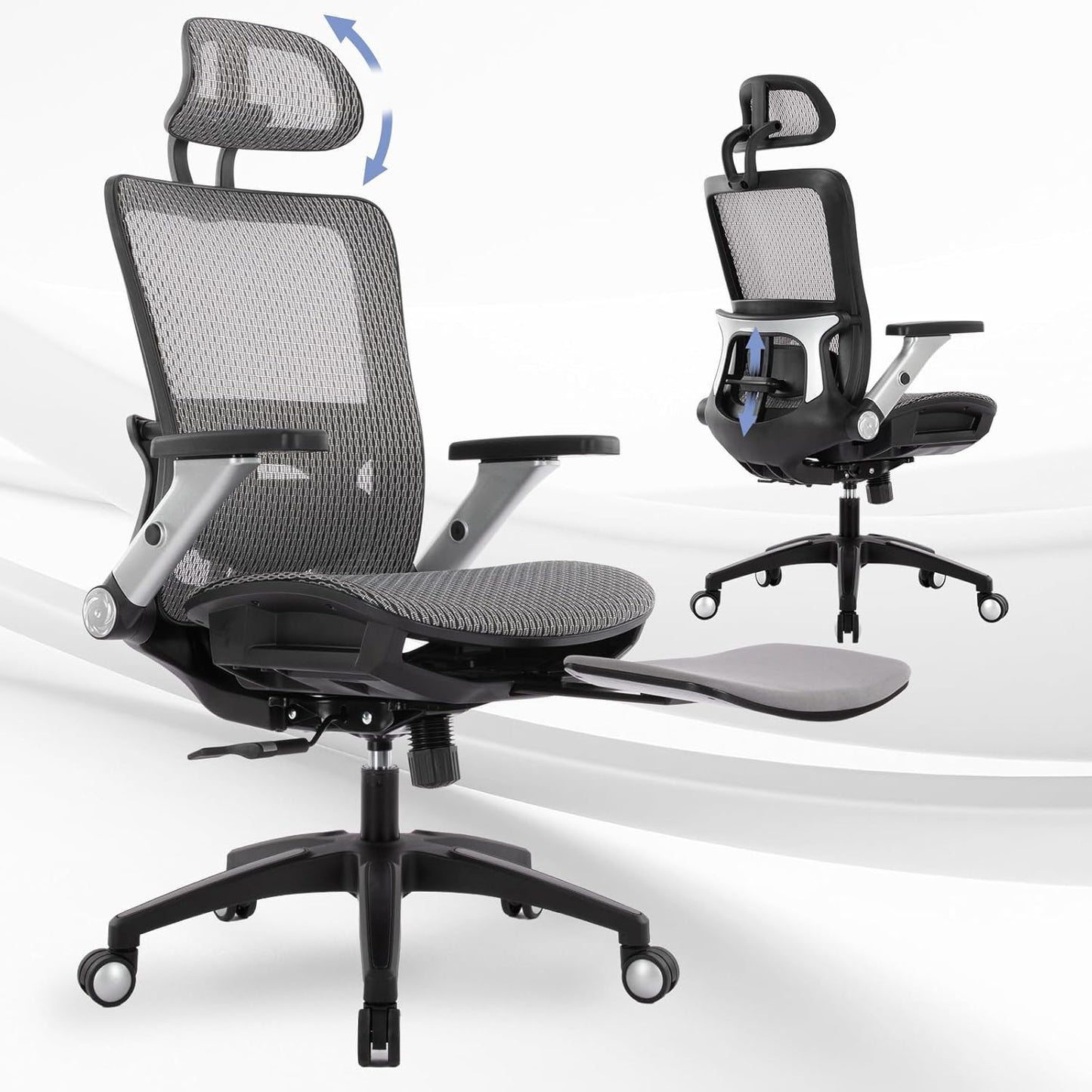 Ergonomic Mesh Office Chair with Footrest, High Back Executive Desk Chair with Adjustable Lumbar Support, Headrest and Tilt Lock, 4D Flip-up Arm-Grey