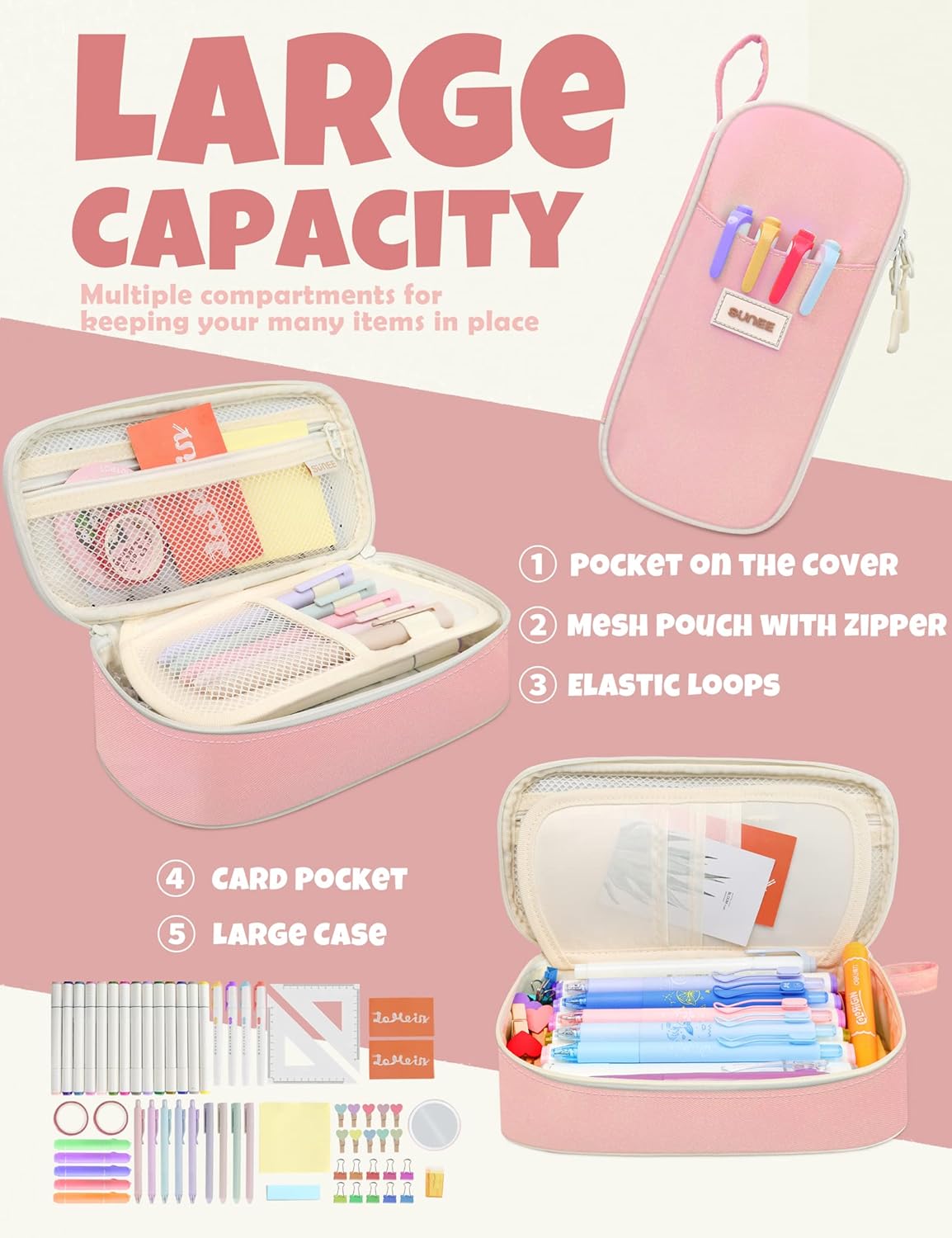 SUNEE Cute Pencil Case, Aesthetic Pen Pouch, Colored Large Pencil Bag with Zipper, Kawaii Stationery Storage and Organizer, Pink School Supplies for Teen and Adult Girls
