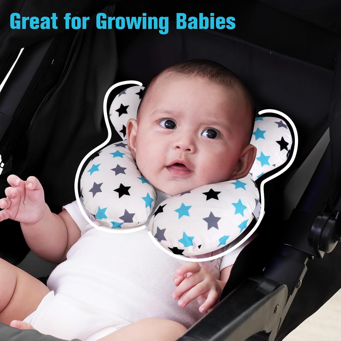 KAKIBLIN Baby Neck Pillow, Upgraded Baby Support Pillow, Head Pillows for Carseat, Newborn Neck Support for Car Seat,Pushchair,Travel (White Star)