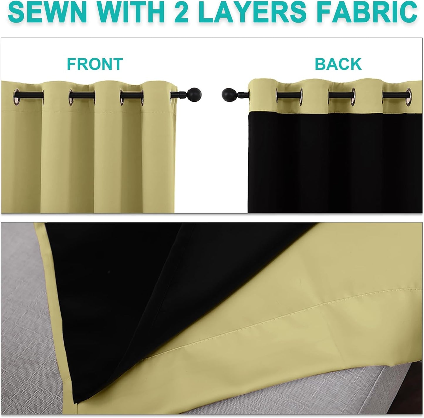 NICETOWN 100% Blackout Curtains with Black Liners, Solid Thermal Insulated Full Blackout 2-Layer Lined Drapes, Energy Efficiency Window Draperies for Bedroom (2 Panels, 46" W by 54" L, Paler Yellow)