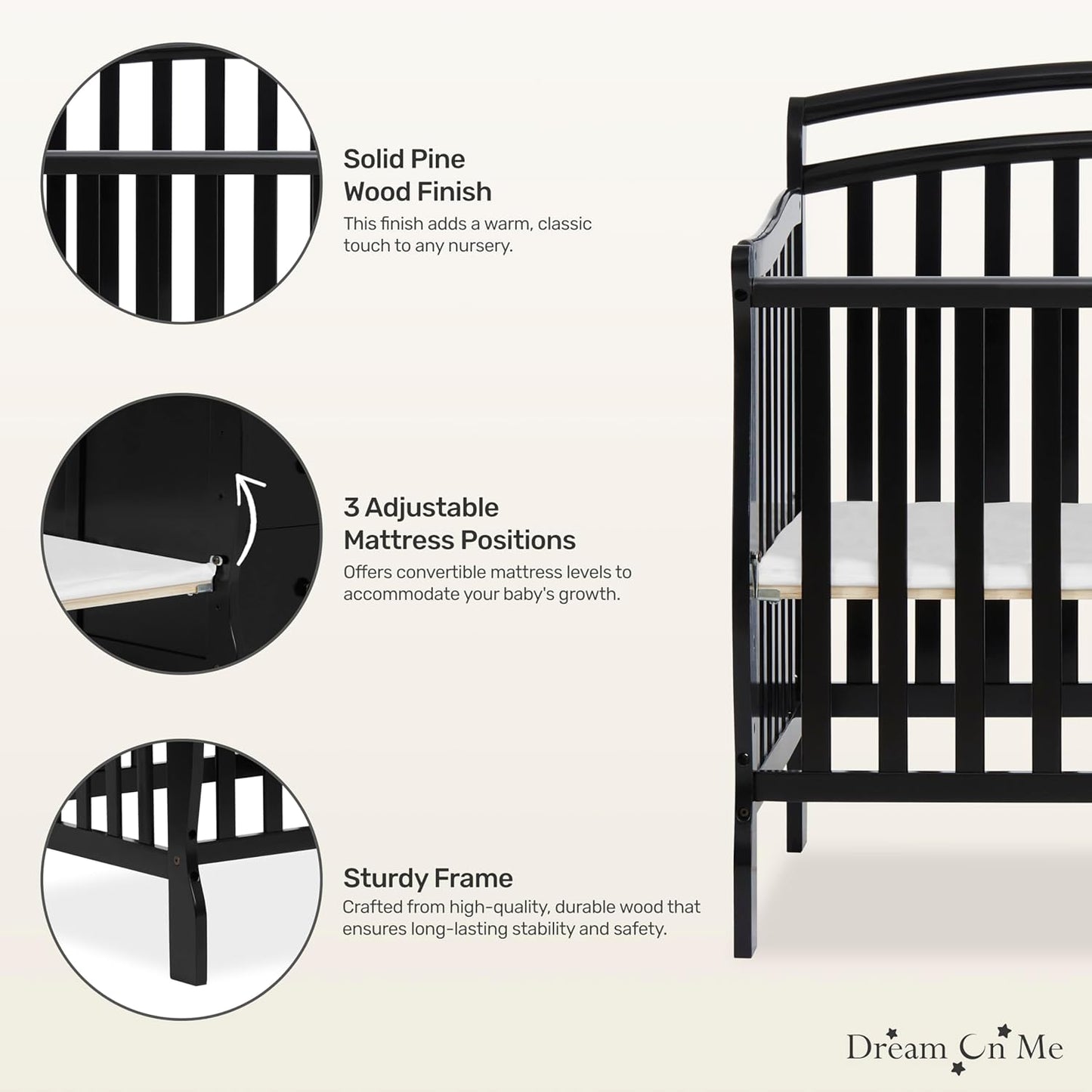 Dream On Me Casco 3-in-1 Mini Convertible Baby Crib & Changer with Storage in Black, Pinewood, GreenGuard Gold & JPMA, 1” Mattress Pad, 3 Mattress Heights, Converts to Mini Day & Twin-Size Bed