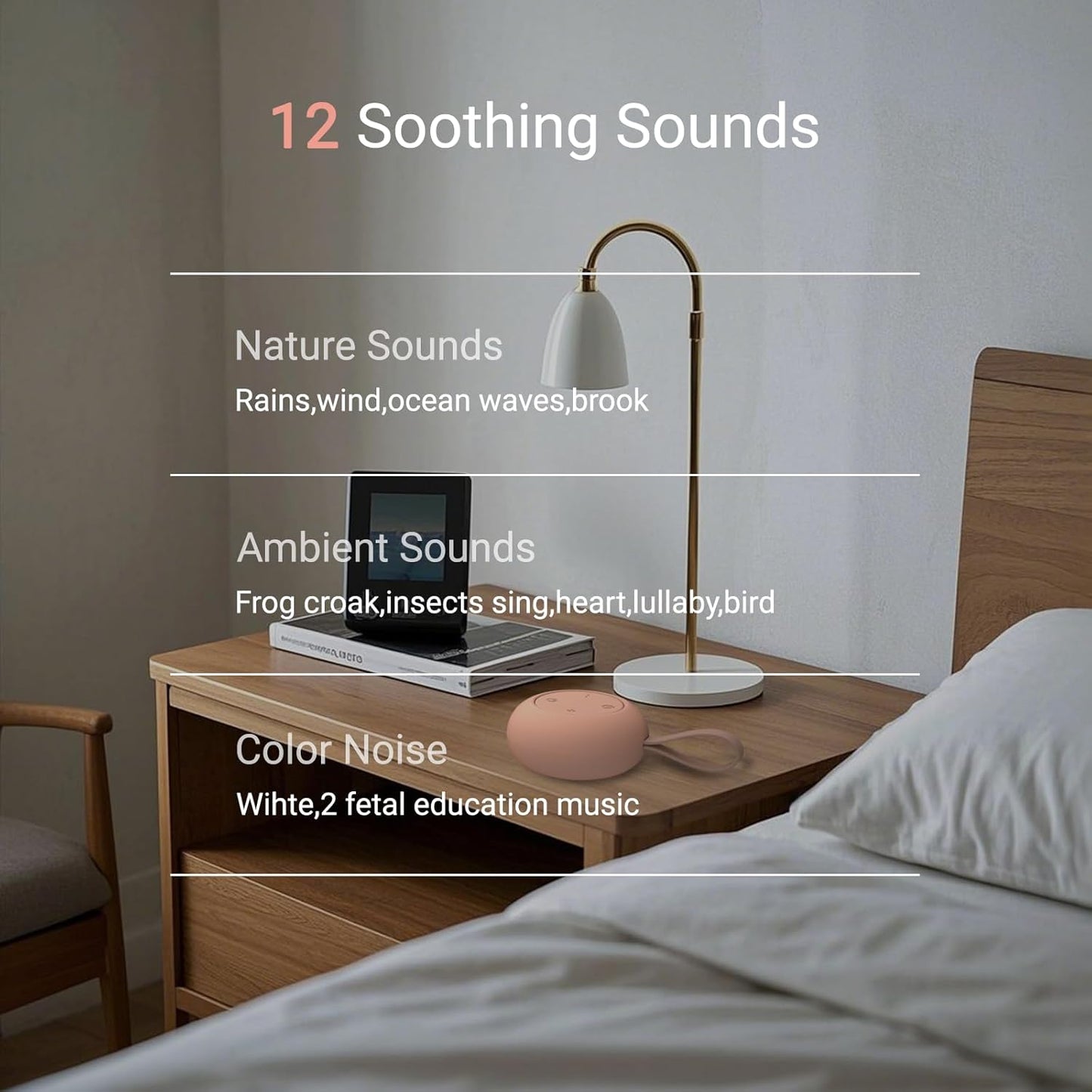 Portable Baby Sound Machine [White Noise for Babies Kids Adults][Sleep Soother][Timer Function][12 Soothing Sounds] 15 Hours Battery Life, Registry Gift,Shower,Clips on Baby Stroller.Peach
