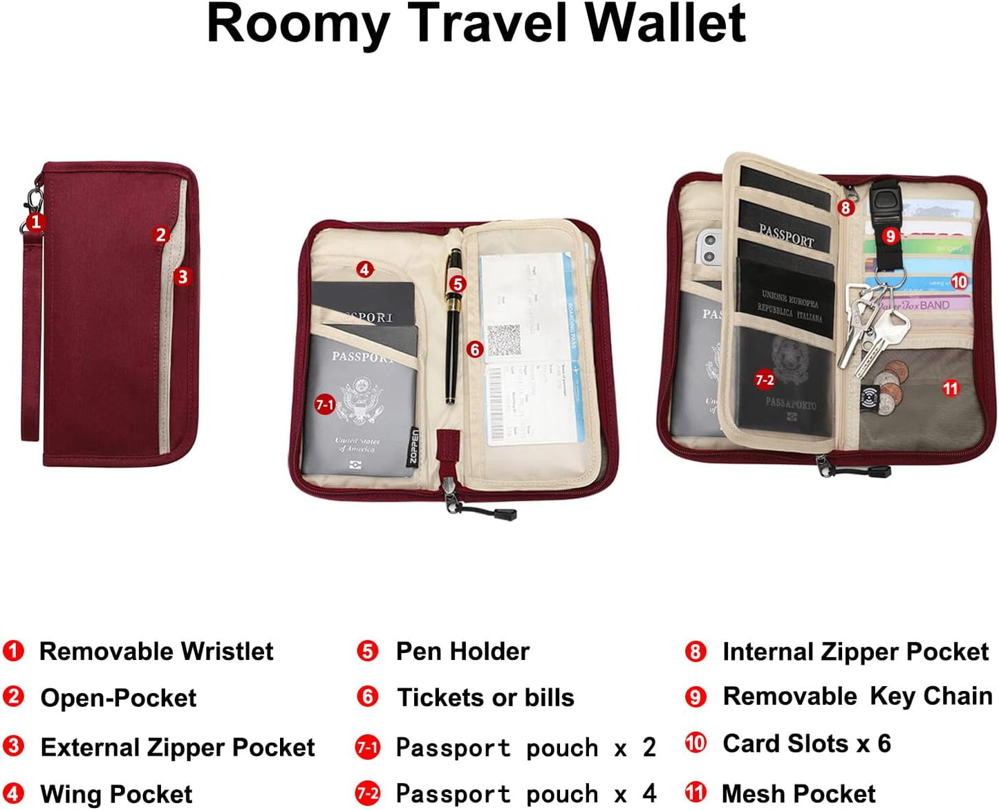 ZOPPEN Passport Holder Family RFID Passport Wallet, Passport Holder Women/Men, Travel Wallet Documents Organizer Zipper Case with Removable Wristlet Strap, Travel Essentials for Flying