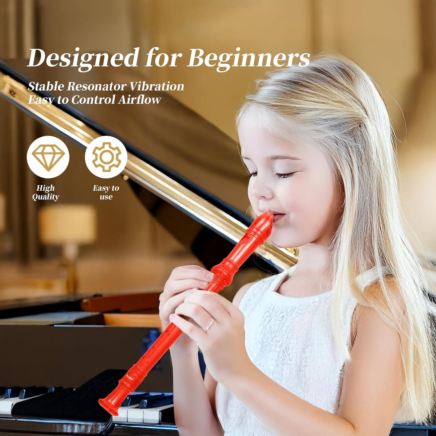 Descant Soprano Music Recorder Instrument For Kids Flute Kids Recorder With Cleaning Rod + Case Bag (Crystal red)