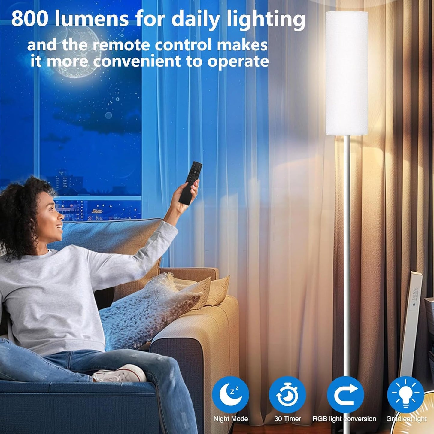 Smart LED Floor Lamp with APP Control & RGB Colors - Dimmable Standing Lamp for Living Room, Bedroom, Gaming - Remote, Timer, 9W Bulb Included, 67" Modern Tall Lamp (White)