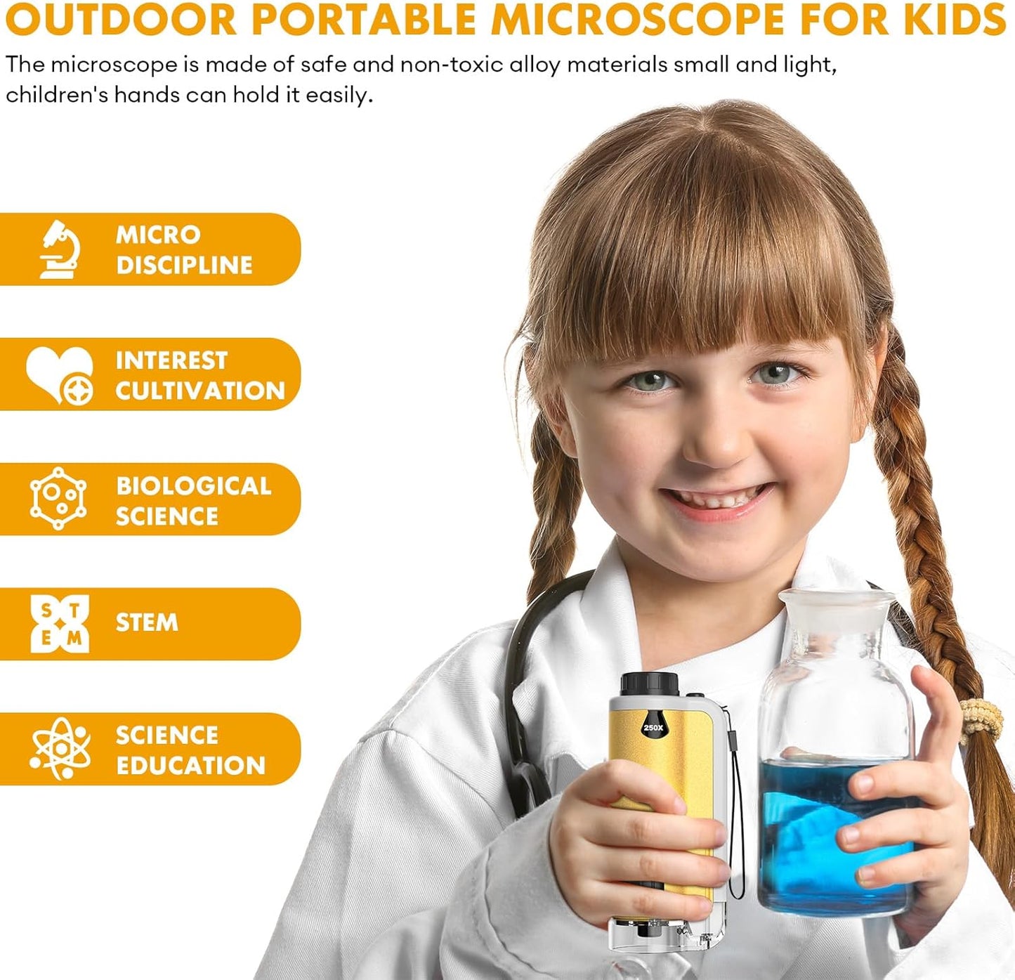 Portable Microscope for Kids, 100x-250x Zoom with LED Lights, Alloy Pocket Microscope for Boys & Girls, Educational Science Kit (Gold)