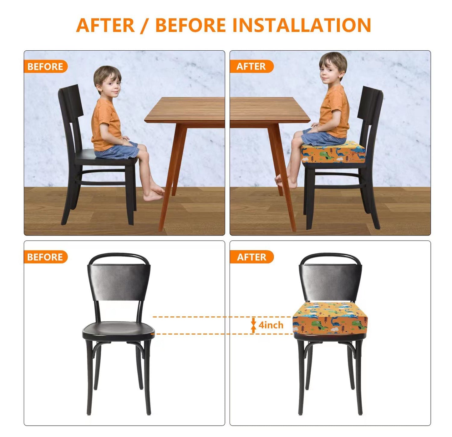Toddler Booster Seat for Dining Table - 4in Cushion, Portable Booster for Baby, Adjustable Kids Chair Height, Washable Seat Pad Mat