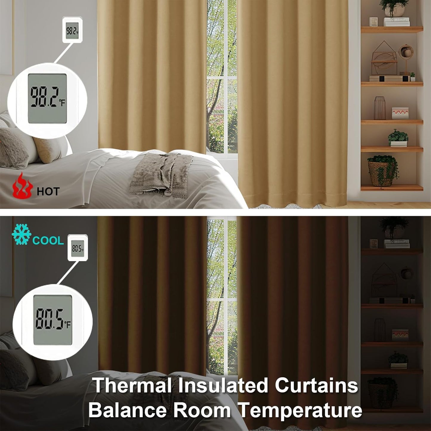 Simplebrand Ava Gold Blackout Curtains for Bedroom, 72 Inch Length 2 Panels Set, Thermal Insulated Privacy Rod Pocket Curtains for French Door, W40 x L72 Inch