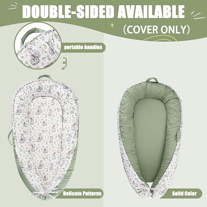 Baby Lounger Cover for Boys Girls, Reversible Baby Nest Cover, Adjustable Baby Lounger Replaceable Cover for Infant Newborn, Portable and Machine Washable, Cotton Green Rabbit Cover Only