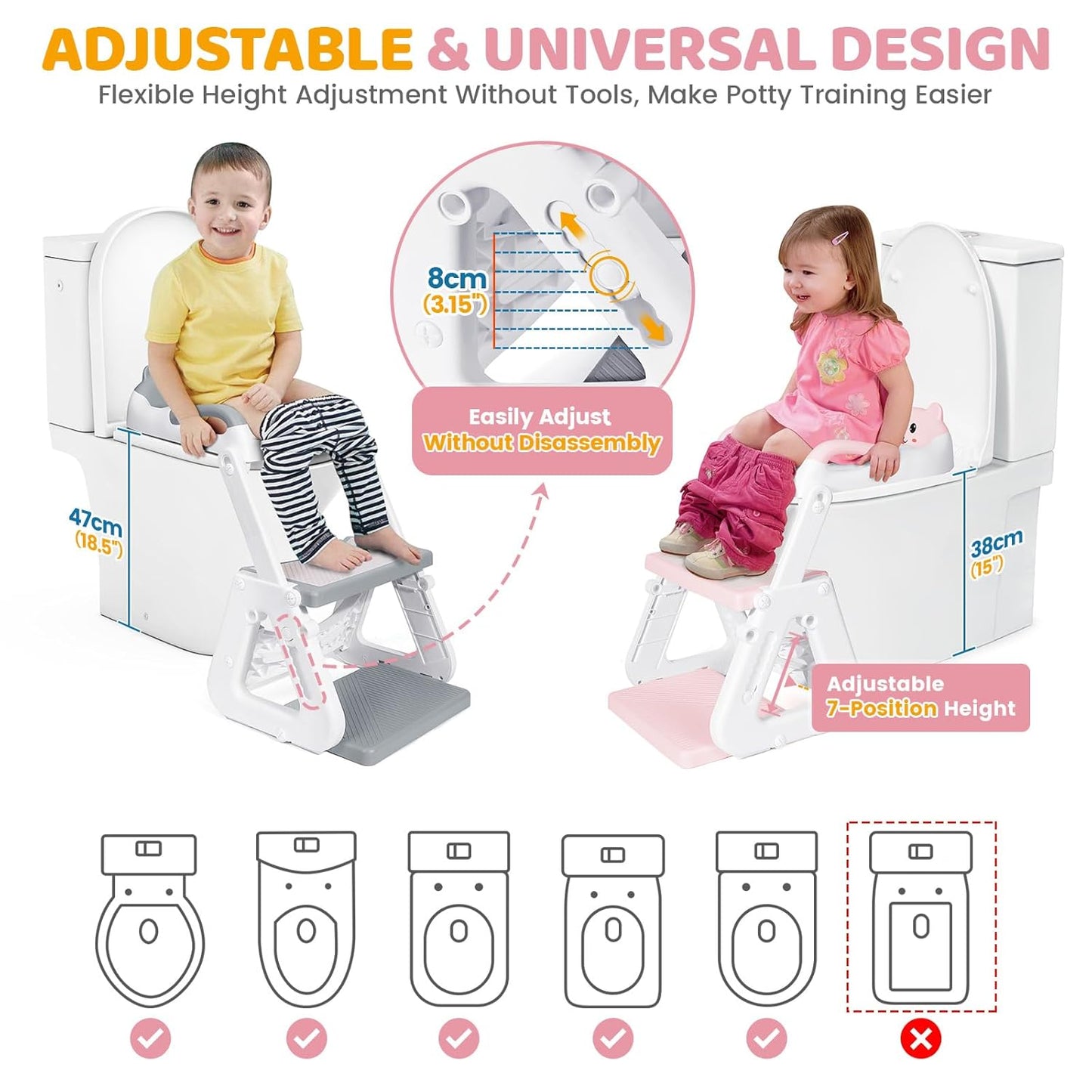 Orzbow Potty Training Seat, 2-IN-1 Toddler Potty Training Toilet with Step Stool, Stability Toilet Seat for Boys Girls with Splash Guard and Anti-Slip Pad, Adjustable Ladder & Potty Seat Height, Pink