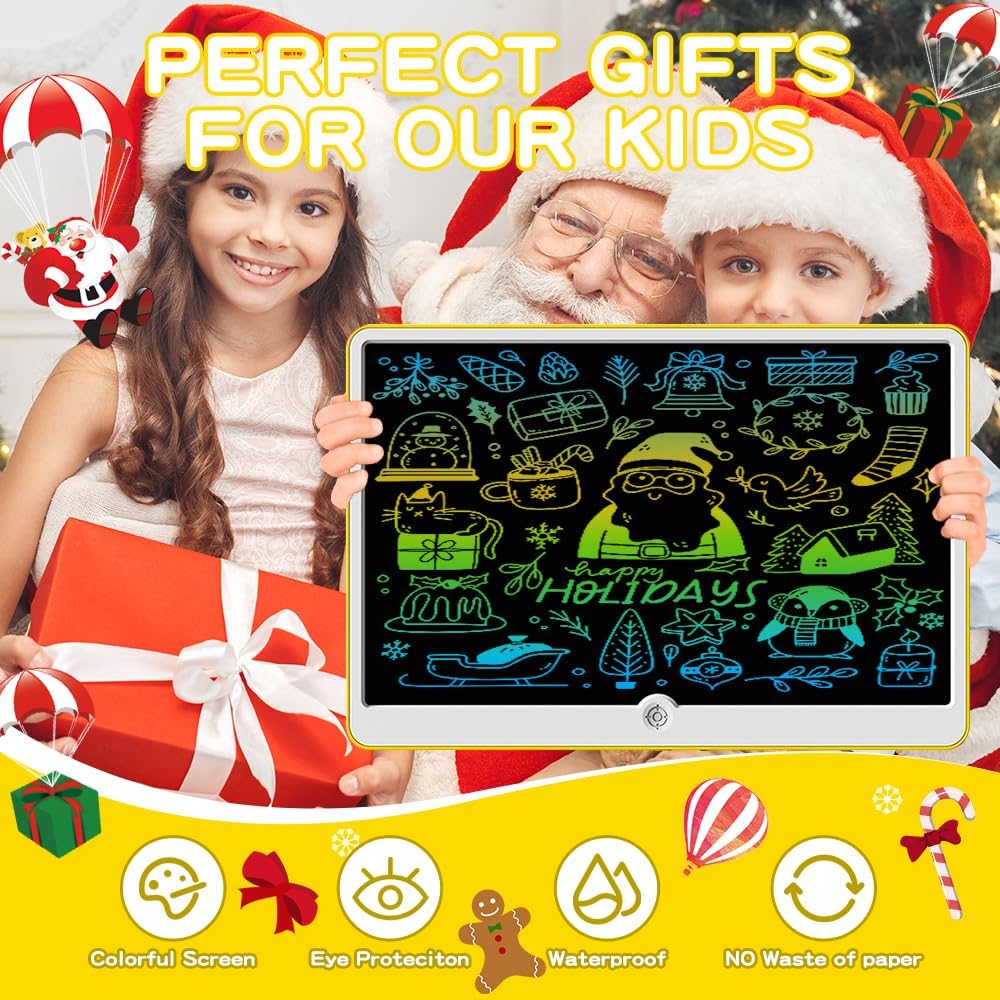 19 Inch LCD Writing Tablet with Stylus Pen, Reusable Doodle Board for Kids Ages 3-9, Type-C Rechargeable Drawing Pad, Educational Travel Toy for Boys and Girls Birthday & Holiday Gifts Yellow