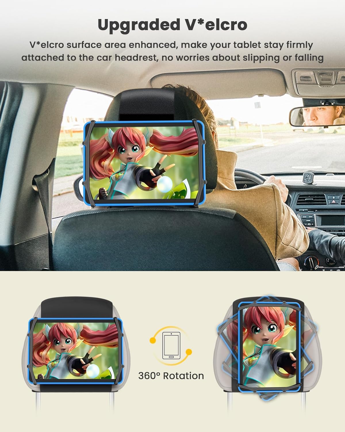 WONNIE Car Tablet Holder, Upgraded iPad Holders for Car Mount Headrest, iPad Mount Back Seat for Kids with Anti-Slip Strap, Silicone Holding Net/Fits All 7-12.9'' Tablets, 2 Pack