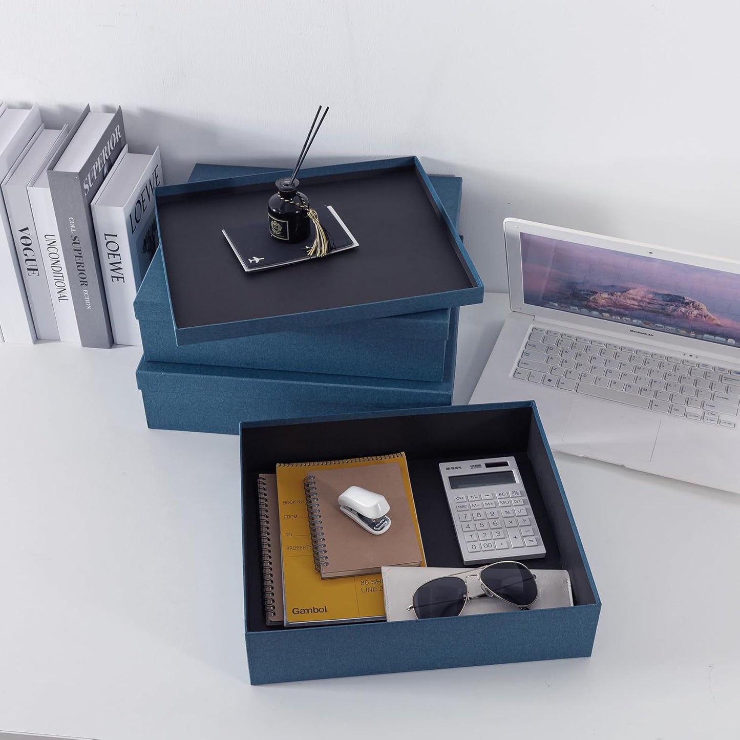 Soul & Lane Decorative Storage Boxes with Lids, Paper Storage Box Set for Keepsakes and Photos, Decorative Boxes for Home Decor, Stationery, Office Organizers, Navy Blue