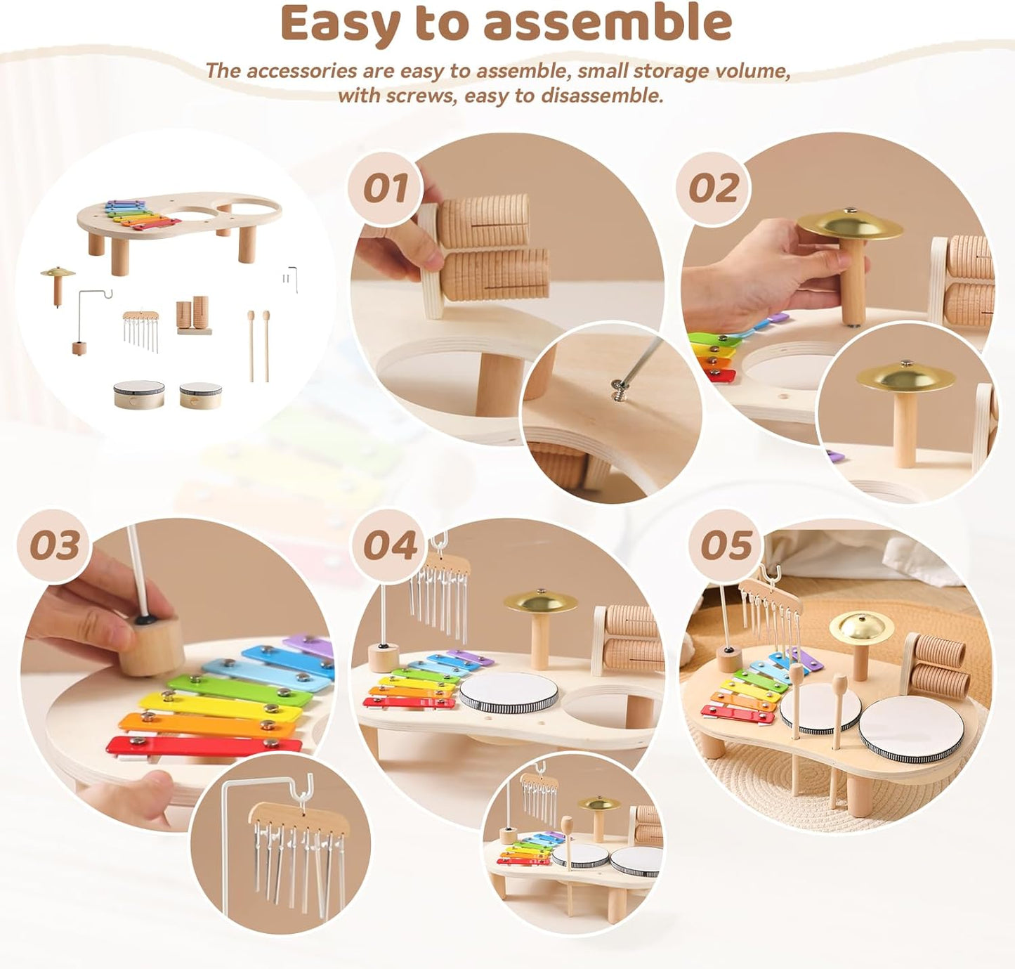 Promise Babe Wooden Musical Instruments for Toddlers 1-3, Percussion Instruments for Kids Baby Drum Set Xylophone, Montessori Educational Musical Toys, Gifts for Girls Boys Ages 3+