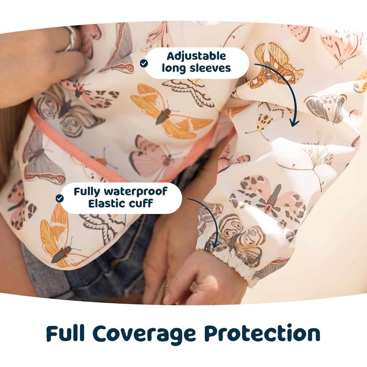 Tiny Twinkle Mess Proof Baby Bib,Waterproof Smock Baby Bib for Eating,Machine Washable Long Sleeve Bib,Baby Led Weaning,Toddler Bib,BLW Supplies(Flutter, Large 2-4 Years)