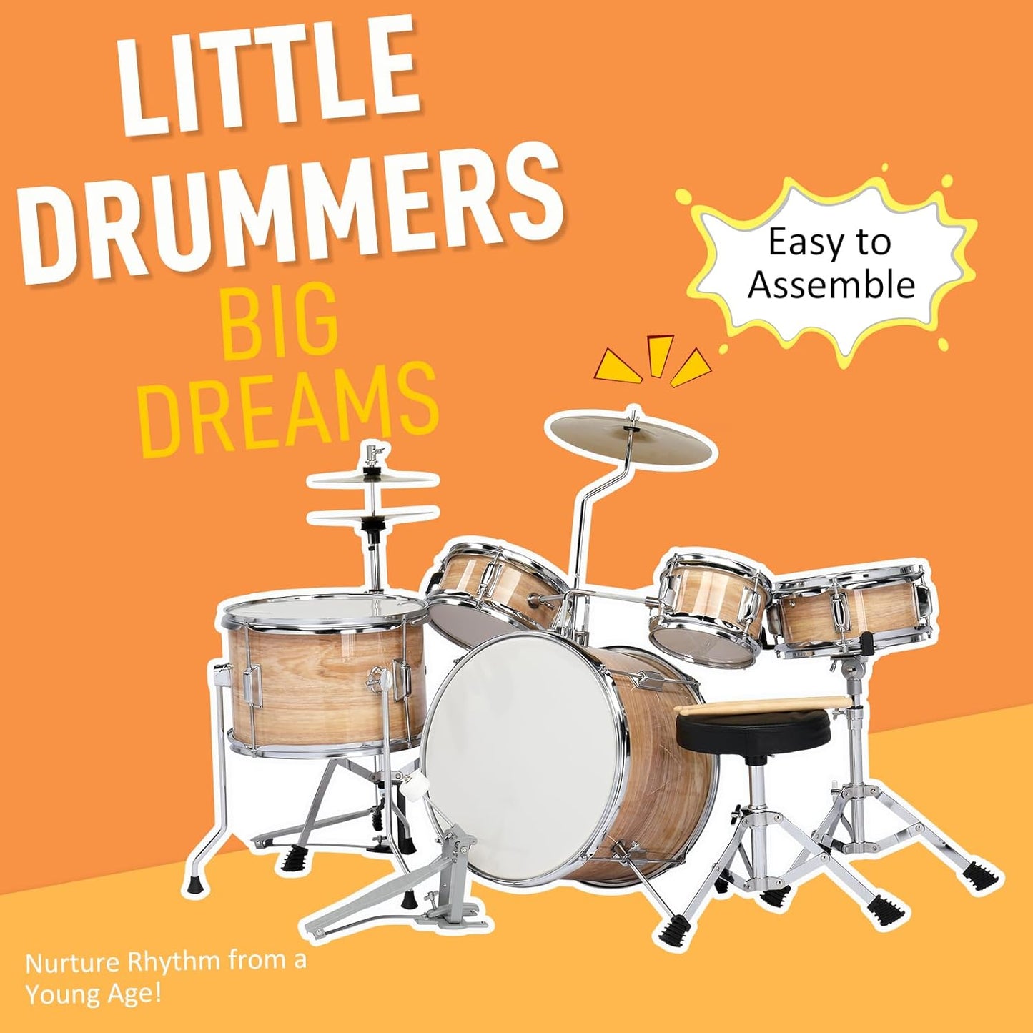 Ktaxon 5-Piece Complete Junior Drums Set, 14 Inch Beginners Drum Kit with Throne Stool, Pedal & Drumsticks, Kids Drums Musical Instruments W/Cymbal, Hi-Hat, Floor, Tom and Snare Drum (Wood Color)