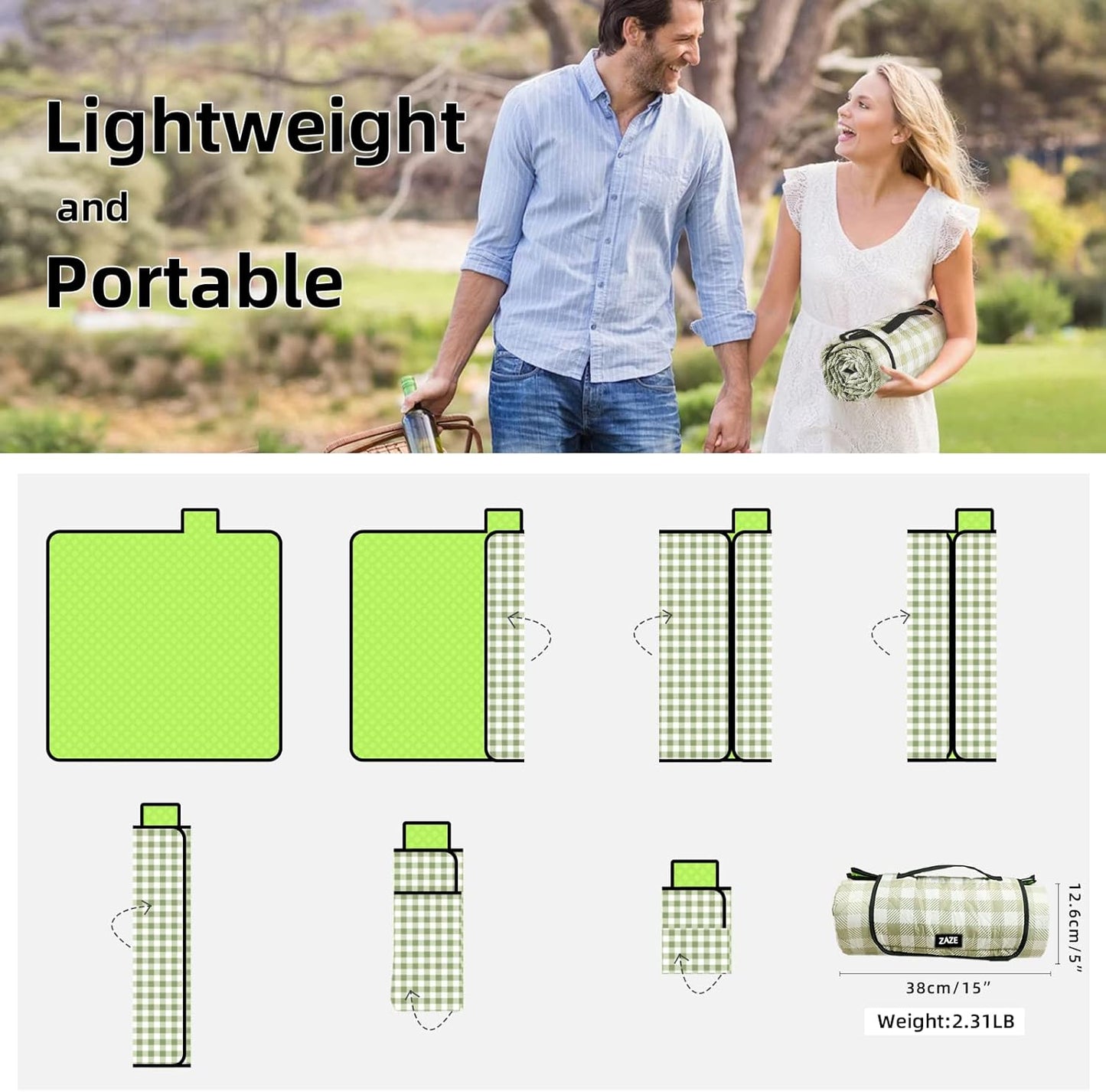 ZAZE Extra Large Picnic Outdoor Blanket, 80''x80'' Waterproof Foldable Blankets Gingham Picnic Mat for Beach, Camping Grass Lawn Park Accessories Cute Couple Gifts Ideas Wedding Registry(Green White)