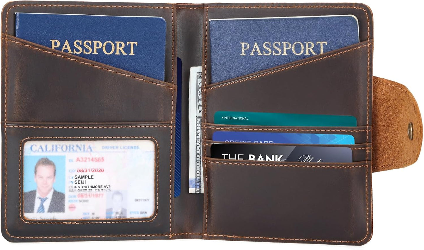 Real Leather Wallet Functional RFID Bifold Passport Holder Travel (Dark Brown)