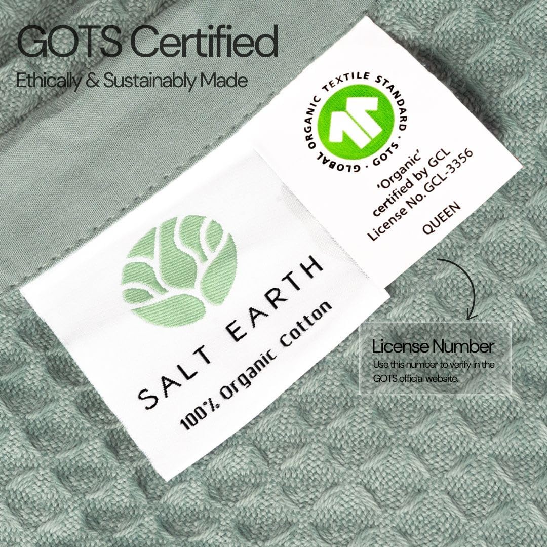 Salt Earth GOTS Certified 100% Organic Cotton Throw Blanket, 108"X90" Blankets & Throws for Bed, Throw Blanket for Couch,Modern & Cozy Blanket, All Seasons Waffle Blanket, Soft Blanket (Silver Blue)
