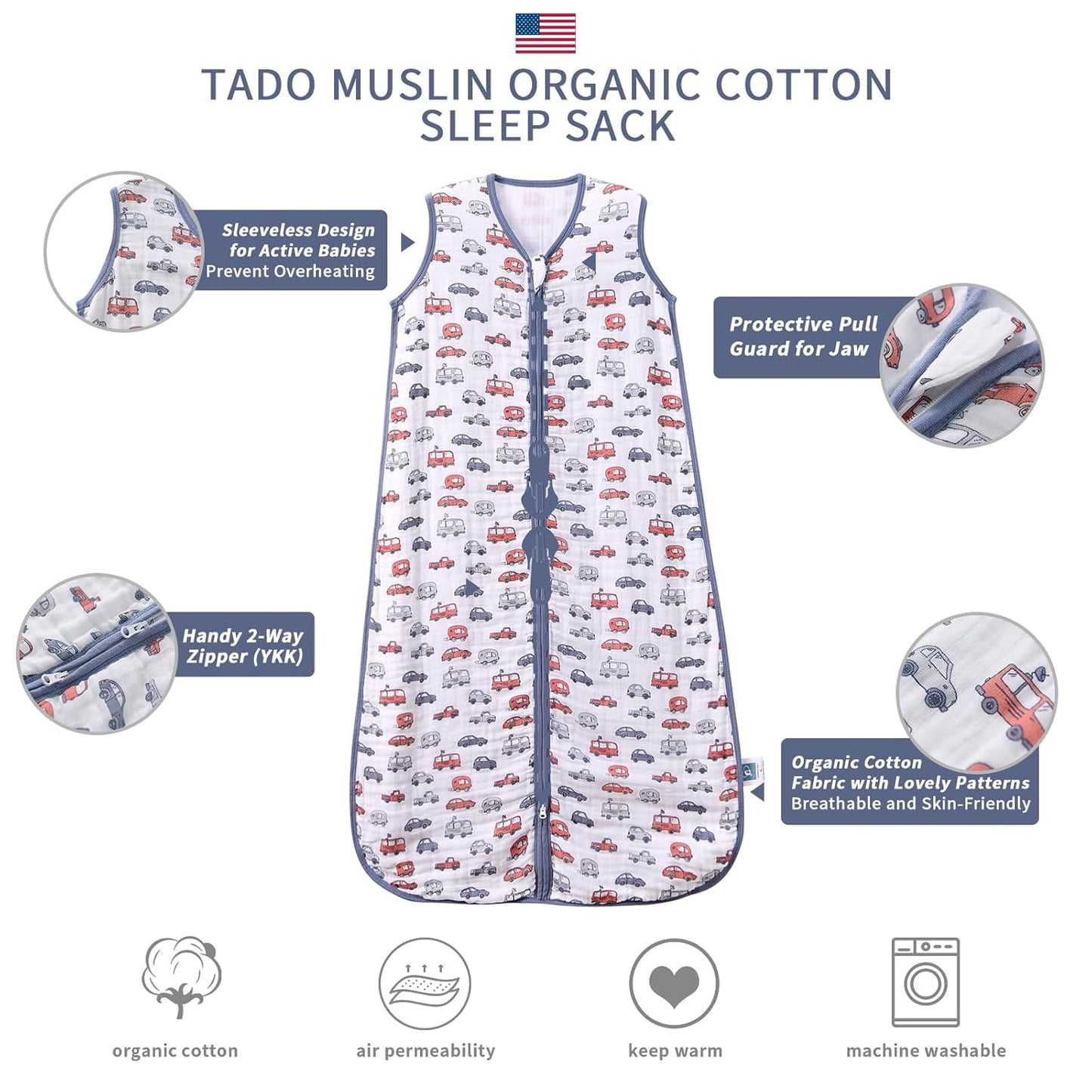 Baby Sleep Sack 12-24 M Baby Wearable Blanket 100% Organic Cotton 0.5 TOG Toddler Sleep Sack 2-Way Zipper Soft Large 4 Layers 1-2 T Car