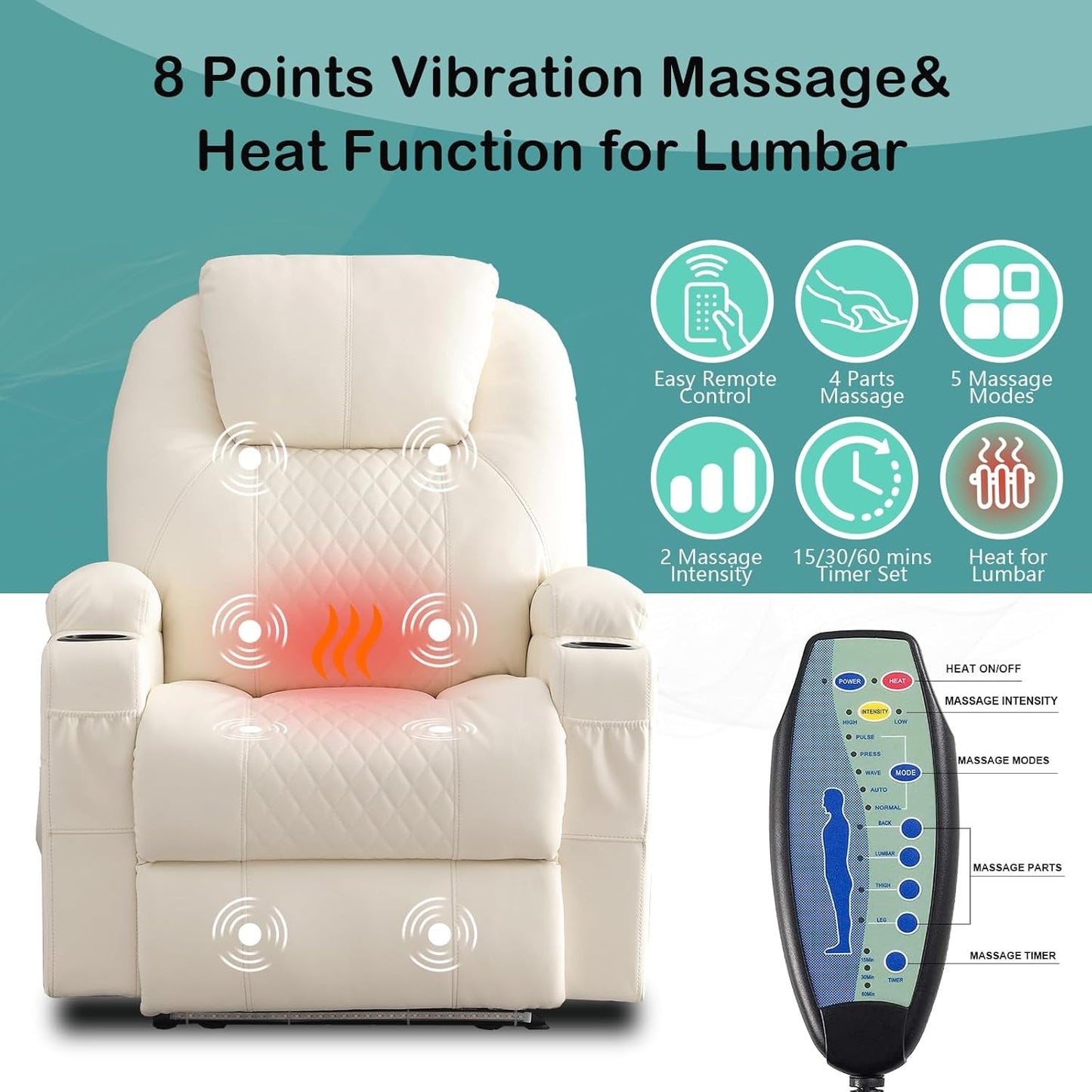 Power Recliner Chair with Heat and Massage for Adults - Home Theater Seating with LED Lights,Cup Holders,Side Pocket,USB Port - Recliner Sofa for Living Room (Beige, Set of 2)
