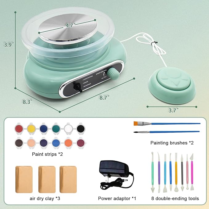 Hitish Mini Pottery Wheel, 4.7" Pottery Wheel for Kids Teens & Adults Beginners, Plug-in Motor, 1.32Lb Air Dry Clay, Crafts Kit for Home DIY, Ceramic Work & Art Creation, Clay Tools Included