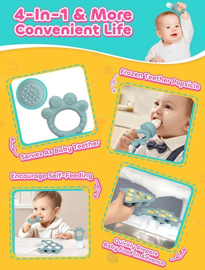 Baby Popsicle Molds & Food Feeder Set, Baby Fruit Feeder for Infant Teething Relief & Safe Infant Self Feeding 4 Months+ Starting Solids for Baby Essentials (Green+Beige)