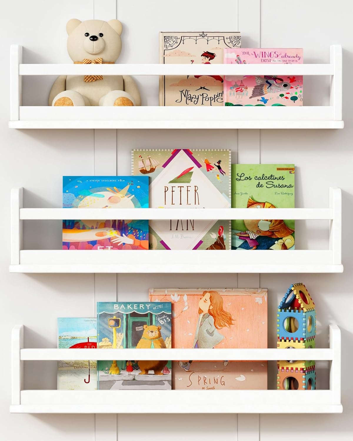 24 Inch White Wall Bookshelf for Kids Room, Floating Nursery Book Shelves Wall Mounted with Lip and Hanging Rod for Baby Girl Boy Bedroom, Large Corner Hanging Children Bookshelves -Set of 3