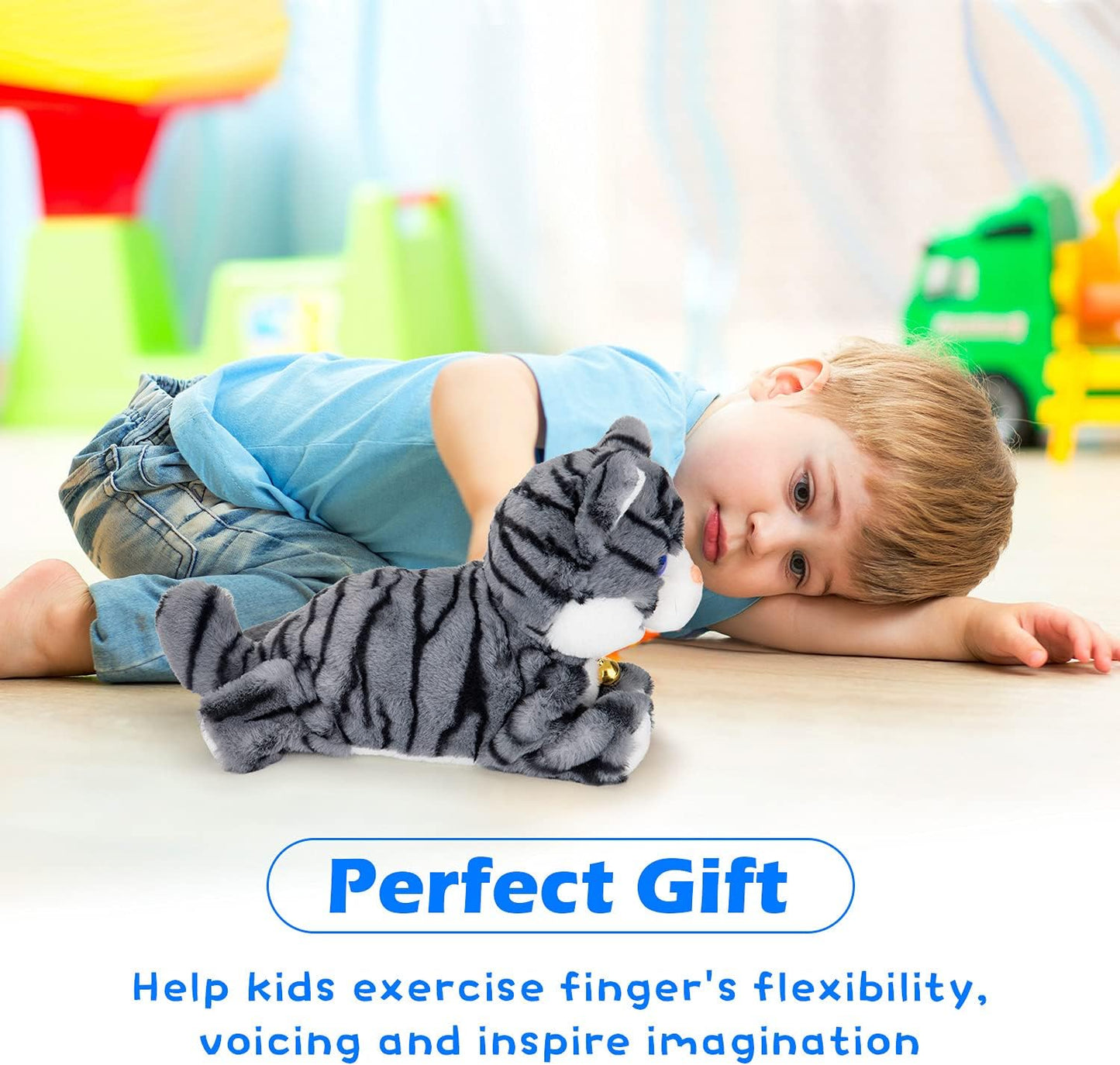 Smalody Interactive Electronic Plush Toy - Upgrade with LED Light Eyes Animated Sound Control Electronic Pet, Robot Cat Kitten Toys Gifts for Boys & Girls Kids Birthday Christmas (Gray)