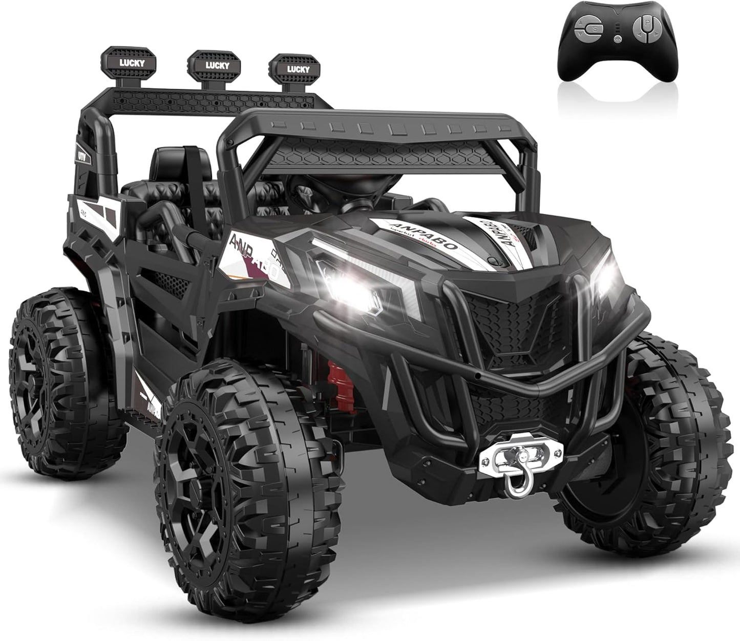 ANPABO 24V 4X4 Ride on Car Truck w/Remote Control, 4WD/2WD Switchable Kids UTV, 19" Spacious Seat, 4 Shock Absorbers, Soft Start, Music Player, Electric Car for Kids Ages 3+(Black