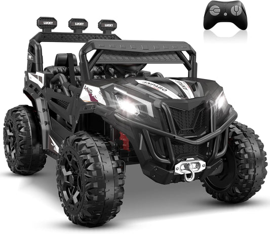 ANPABO 24V 4X4 Ride on Car Truck w/Remote Control, 4WD/2WD Switchable Kids UTV, 19" Spacious Seat, 4 Shock Absorbers, Soft Start, Music Player, Electric Car for Kids Ages 3+(Black