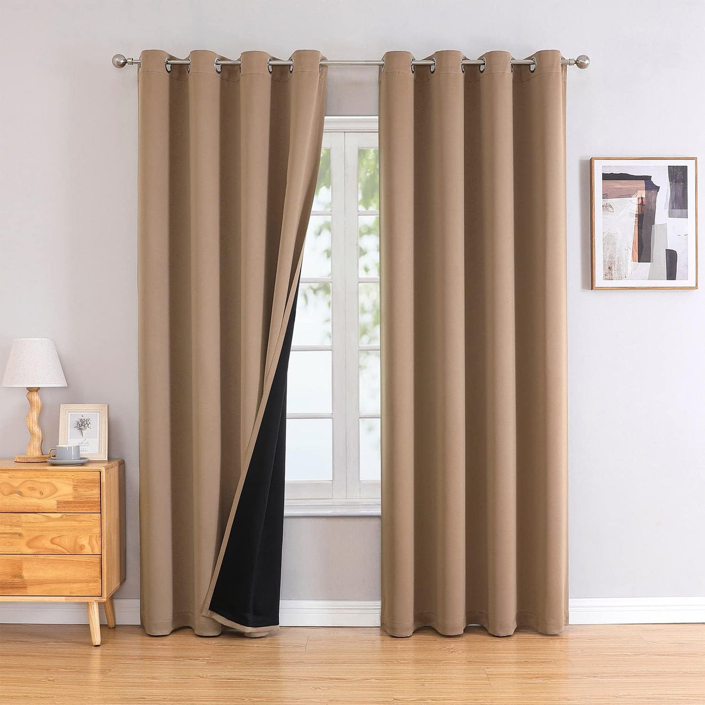 ChrisDowa 100% Blackout Curtains 108 inch Long for Bedroom with Black Liner, 2 Thick Layers Total Blackout Thermal Insulated Grommet Window Curtains 2 Panels Set (Cappuccino, 52 x 108 Inch)