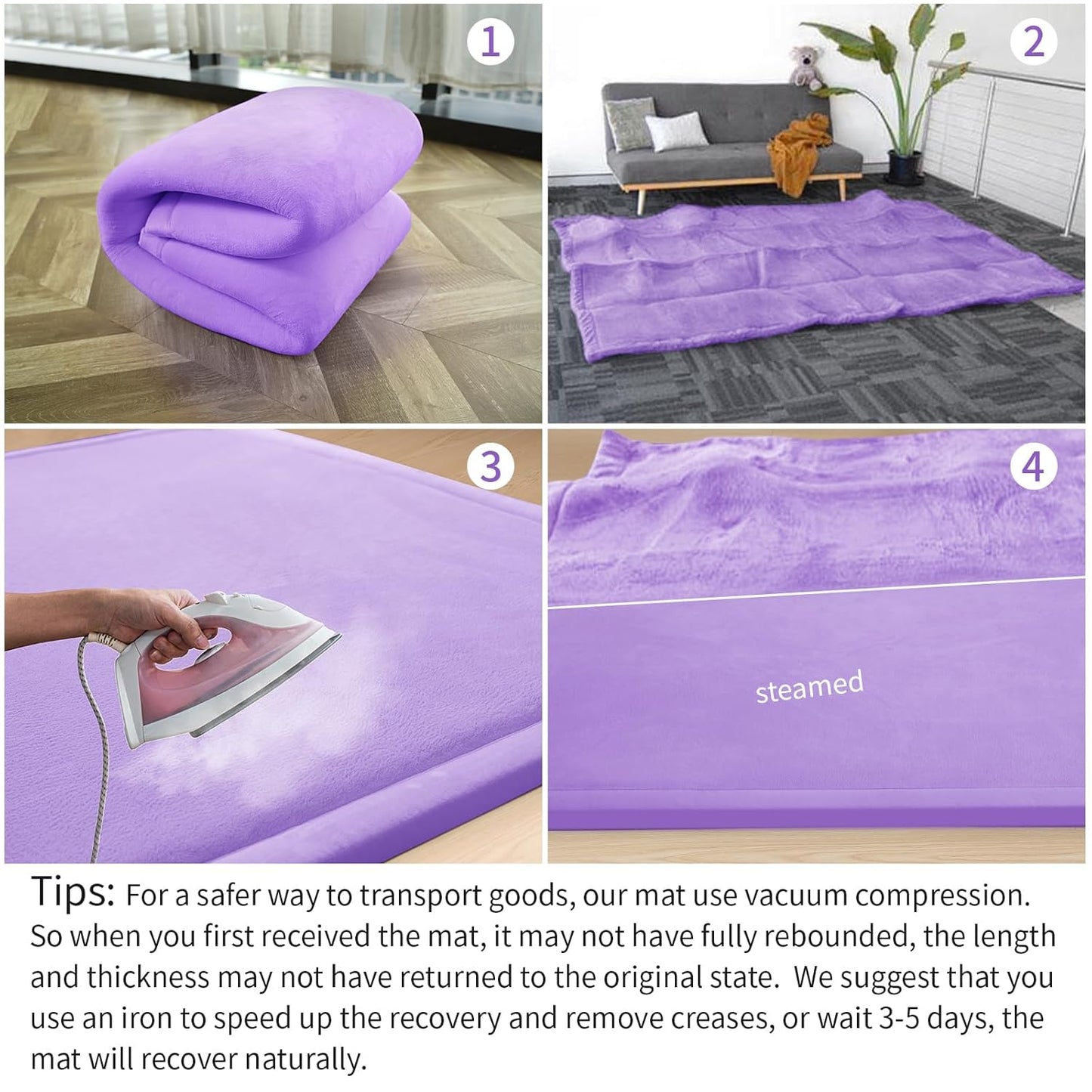 Baby Play Mat for Floor,1.3" Thick Elasti-Foam 50x50 Playpen Mat for Toddlers Infant Kids,Water-Repellent Soft Coral Velvet for Tummy Time,Non-Slip Backing for Crawling,Tatami Style(Lavender)