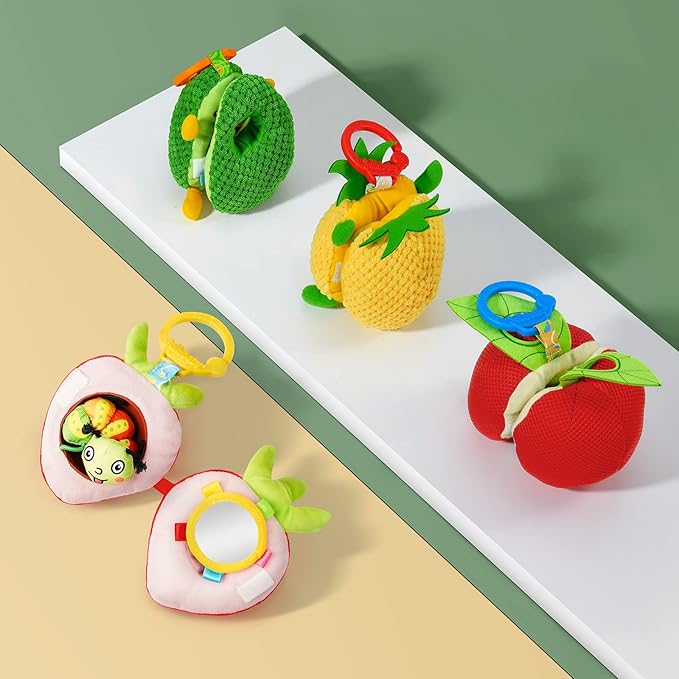 Jollybaby Newborn Plush Stuffed Fruit Rattle Toy for Stroller Car Seat Crib, Montessori Sensory Plush Strawberry Toy with Rattle and Mirro Toy for Baby 0-6-12 Month, Infant Baby Boy Girl Shower Gift