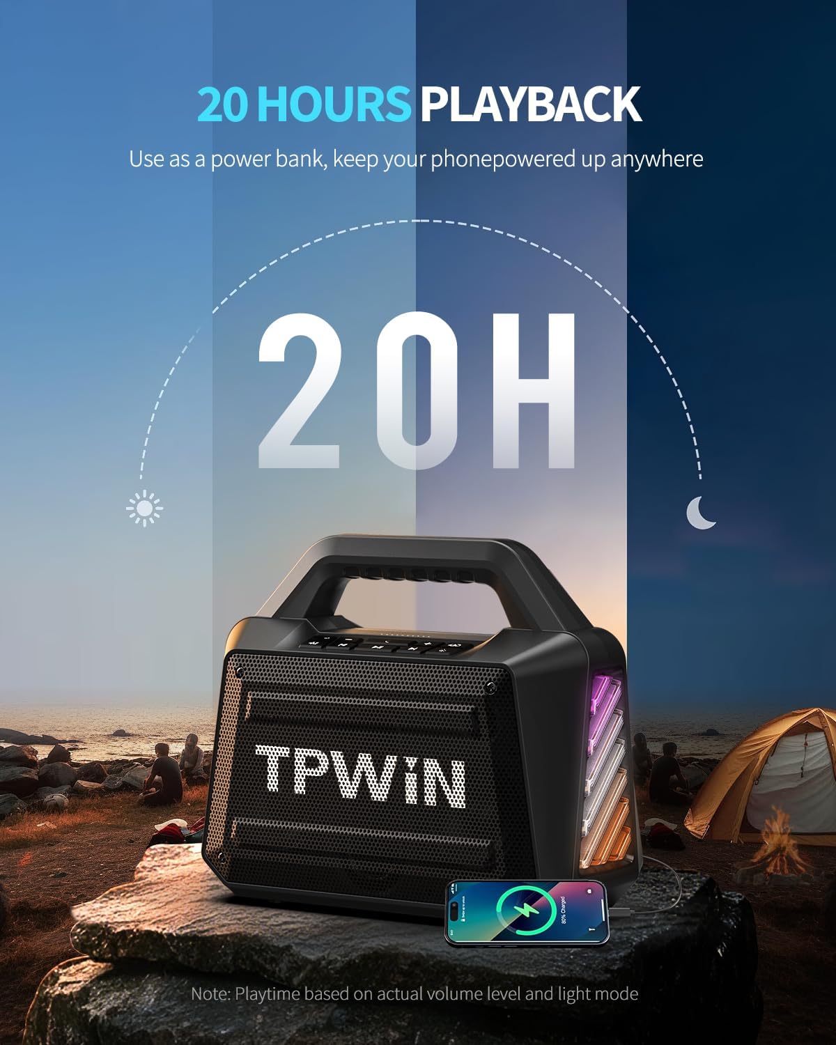Bluetooth Speaker - 80W Loud, Rugged Outdoor Speakers, IPX6 Waterproof, 20H Playtime, Deep Bass, Lightshow, TWS, BT 5.3 Wireless, Portable for Travel Hiking Camping Beach Pool - Black
