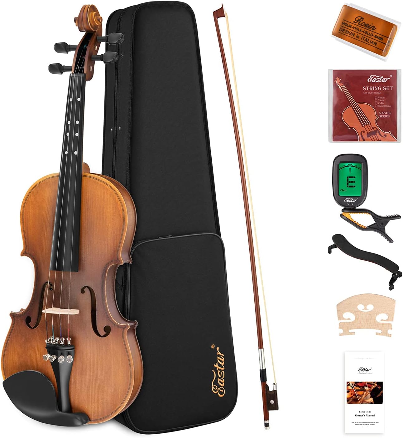 Eastar 4/4 Full Size Violin Set Matte Fiddle for Beginners Adults with Hard Case, Rosin, Shoulder Rest, Bow, Tuner and Extra Strings (Imprinted Finger Guide on Fingerboard), EVA-3