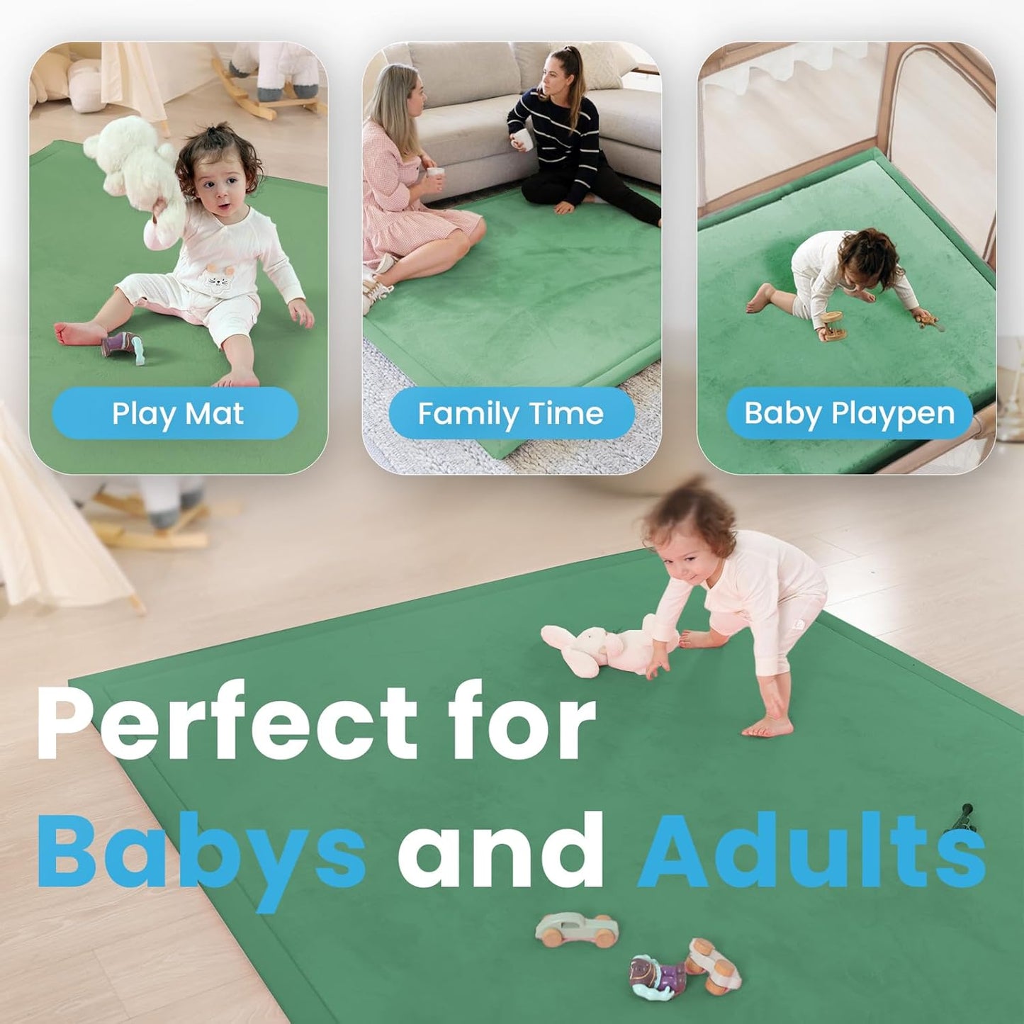 Ultra Soft Baby Play Mat,1.3" Thick Elasti-Foam Tummy Time Mat for Infants,Toddlers,Kids,Water-Repellent Coral Fleece Nursery Rug,Non-Slip Safe for Crawling&Hardwood Floors(Emerald)