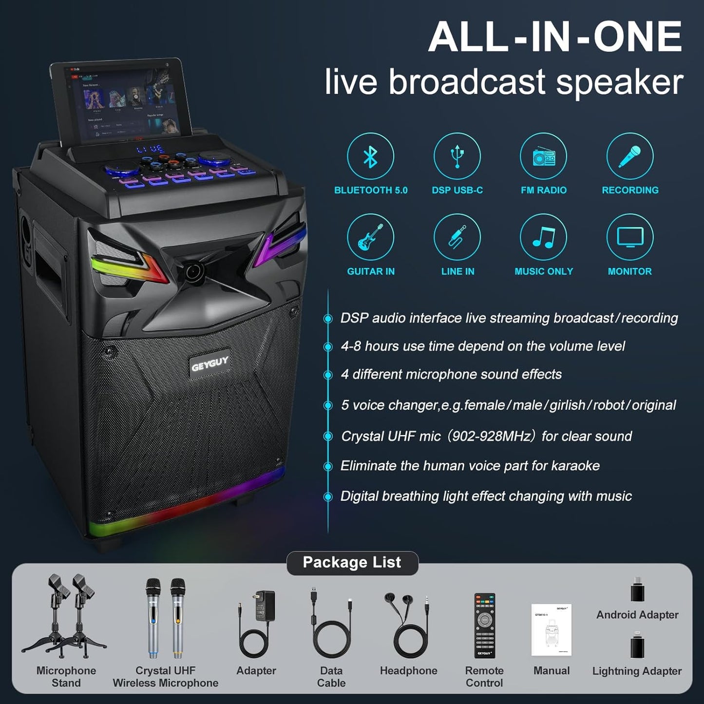 GTSK10‑1 Karaoke Machine with 2 Wireless Microphones for Adults – 10″ DSP Big Bluetooth Party Speaker with 600W Peak Power, Live Streaming & Voice Monitoring, LED Lights, Rolling Wheels & Trolley