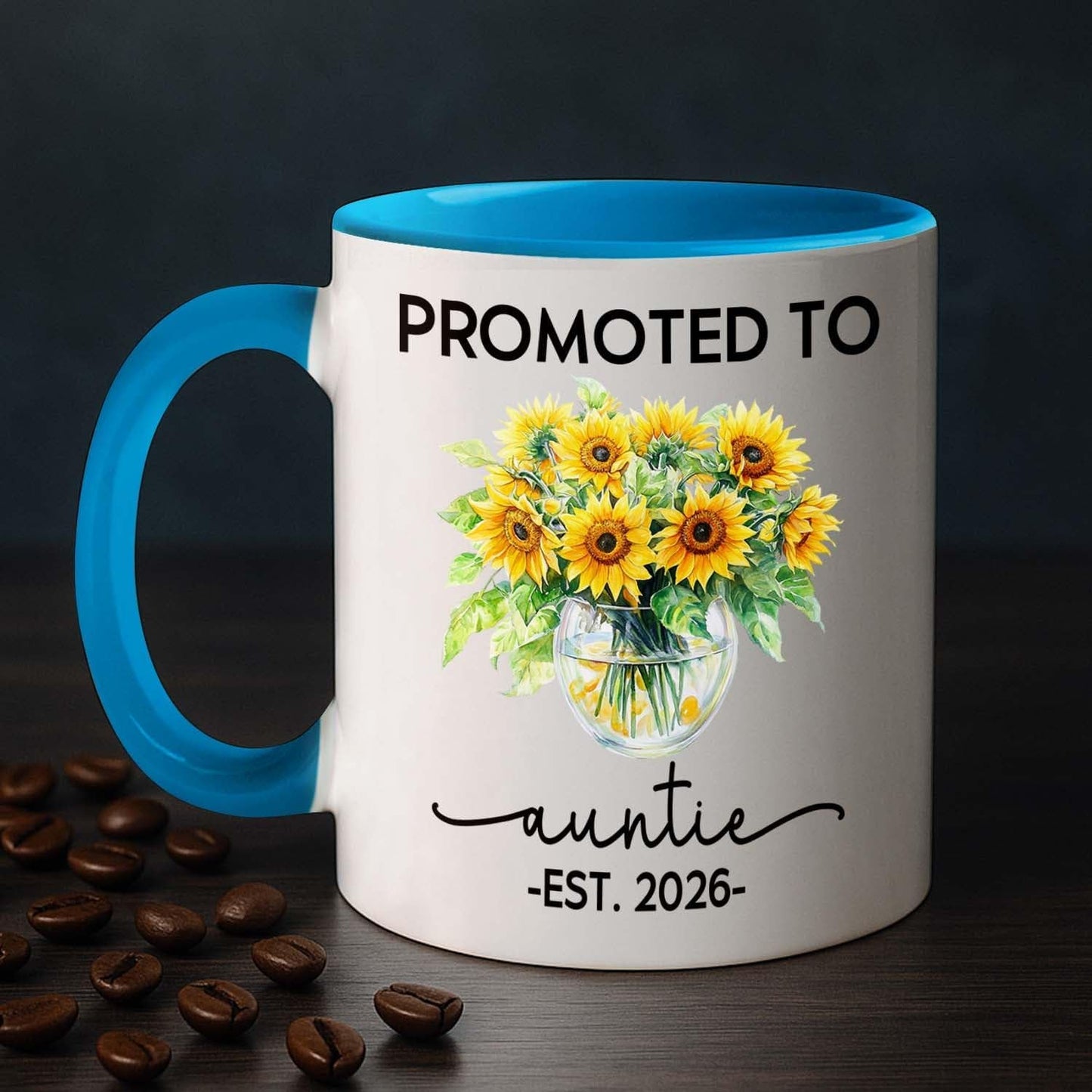 Promoted To Auntie EST 2026 Accent Mug Gift For Pregnancy Announcement, Personalized Name New Aunt Coffee Mug 11 15Oz, Customized Sunflowers Auntie White Coffee Cup For Birthday, First Time Aunt Cup