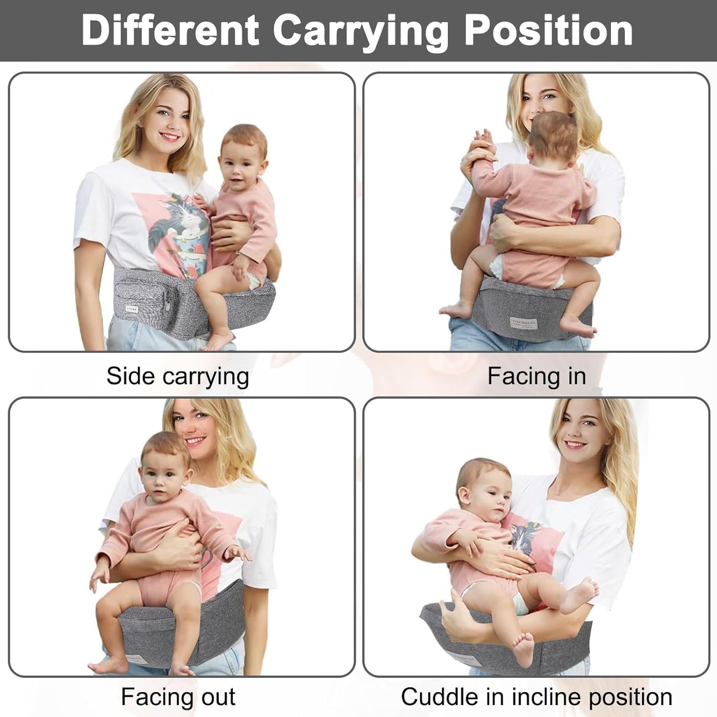 Baby Hip Carrier, Baby Carrier with Adjustable Waistband & Breathable Mesh, Ergonomic Carrier with Non-Slip Hip Seat Surface for Newborns & Toddlers, Grey