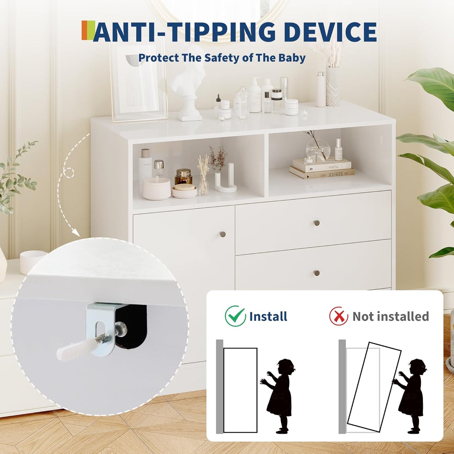 Nursery Dresser with Changing Table Top - Tall Wooden Diaper Changing Station with 2 Open Shelves, 3 Drawers, and 1 Cabinet, Ideal for Children's Room, White