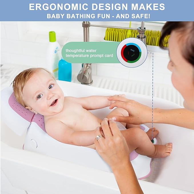 Baby Bath Support,Ideal for Babies Less Than 6 Months Old,with Thermometer-Adjustable Slope Newborn Bathtub, Baby tubs for Baby tubs for Newborn Essentials Must Haves (Pink)